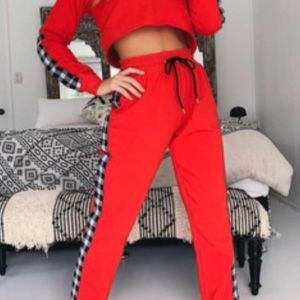 Tiger Mist red and black plaid matching loungewear set.